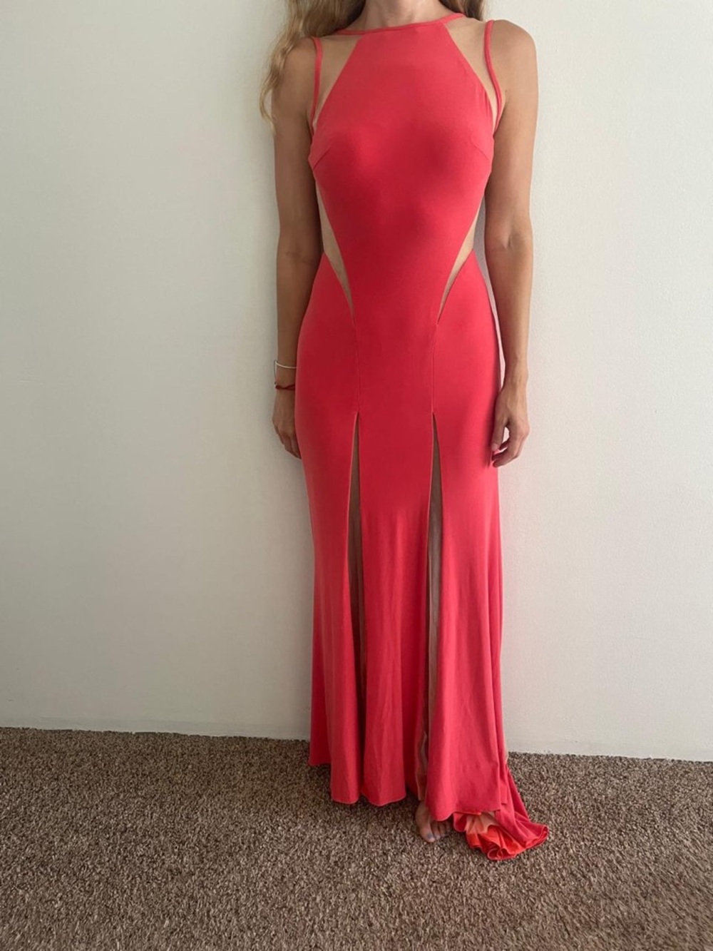 Jovani Coral and Cream Sleeveless Evening Maxi Dress